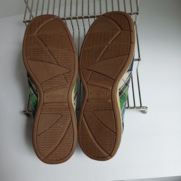 Sperry Laguna Topsiders  Navy Leather Boatshoes with Green Plaid Trim  As New  8 - Picture 5 of 8